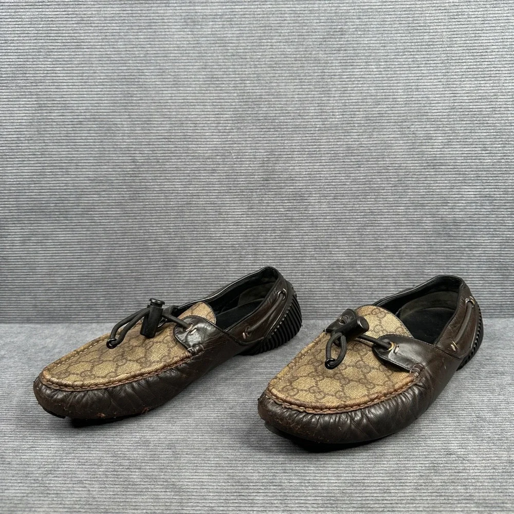 Gucci Mens Brown Leather GG Supreme Monogram Toggle Driving Loafers